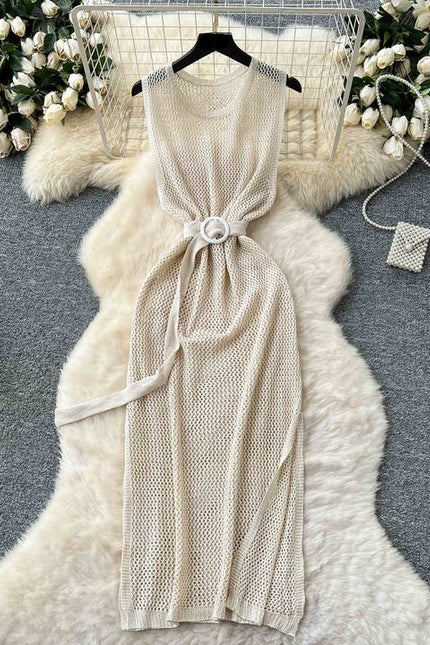 Outer Layered Skeleton See-through Mesh Knit Dress Women Summer Round Neck Sleeveless Vest Dresses