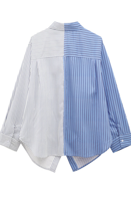 Patchwork Design Striped Print Long Sleeve Buttons up Turn Down Collar Casual Fashion Tops Blouse for Women