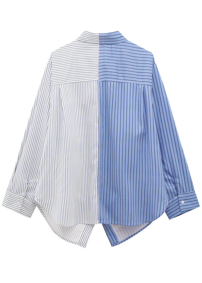 Patchwork Design Striped Print Long Sleeve Buttons up Turn Down Collar Casual Fashion Tops Blouse for Women