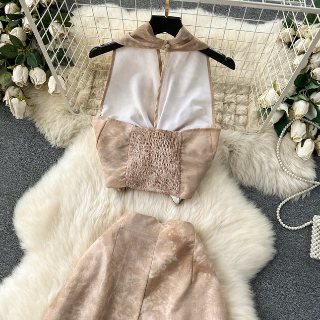 New Chinese style set for women sleeveless hanging neck top+high waisted casual wide leg pants two-piece set