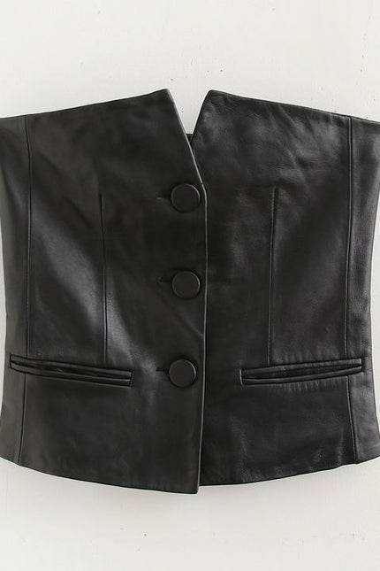 Strapless Black Color Buttons up Casual Fashion Leather tank Top for Women