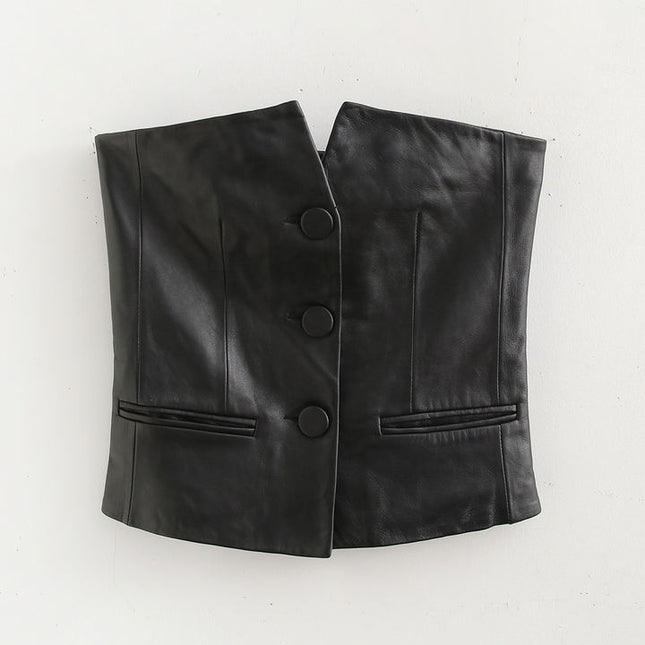 Strapless Black Color Buttons up Casual Fashion Leather tank Top for Women
