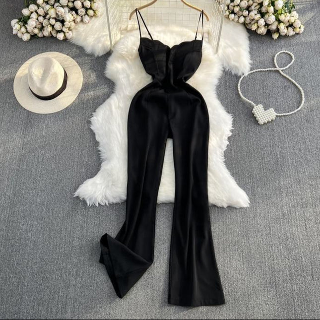 2025 V-neck Casual High Waist Slimming Jumpsuit Loose Flared Wide Leg Long Pants