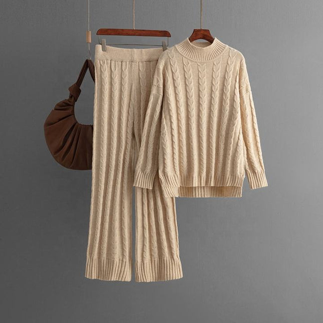 New Casual Half High Neck Sweater Wide Leg Pants Set for Women's Autumn and Winter New Knitted Two Piece Set