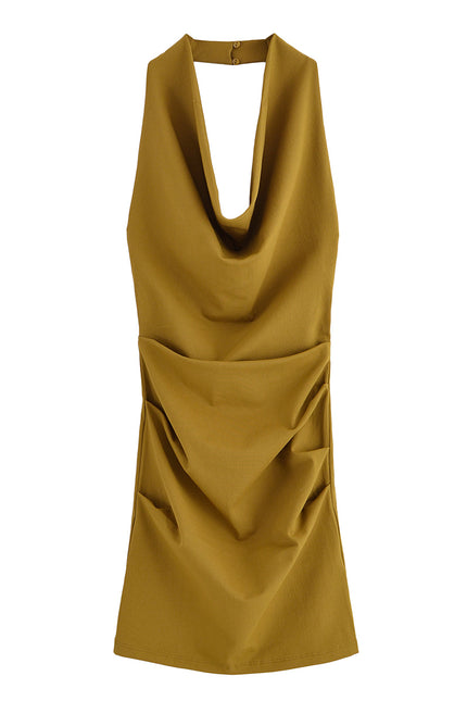 Back Hollow Out Sleeveless Khaki Color Casual Fashion Summer Mini Halter Dress for Women