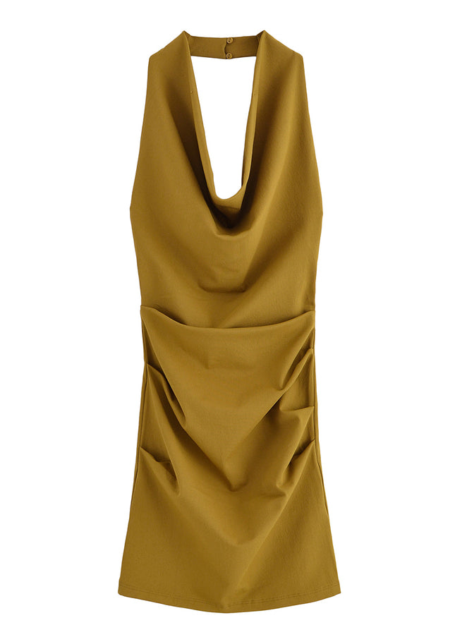 Back Hollow Out Sleeveless Khaki Color Casual Fashion Summer Mini Halter Dress for Women