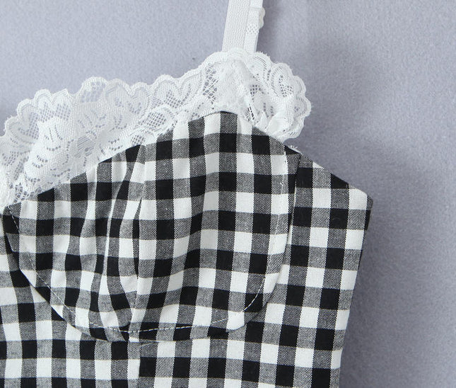 Spaghetti Strap Black White Color Plaid Print Front Bow Tie Lace Casual Fashion Women's Cotton tank Tops