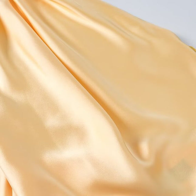 Back Hollow Out Beige Color Sleeveless Silky Casual Fashion Long Satin Halter Dress for Women