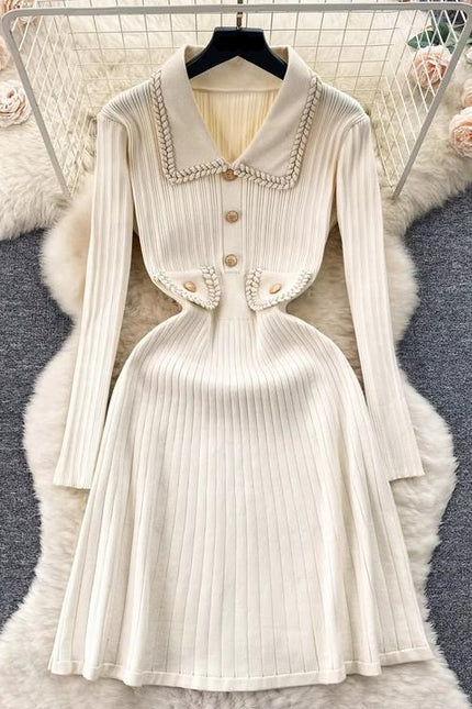 Women's New Fall Winter High-Grade Chic Waist Slimming Lapel Sweater Knitted Dress