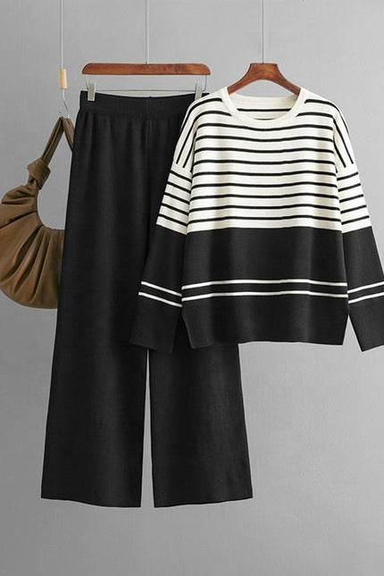 Autumn Winter New Striped Knitted Two-piece Round Neck Sweater Top + Fashion Trousers 2-piece Set