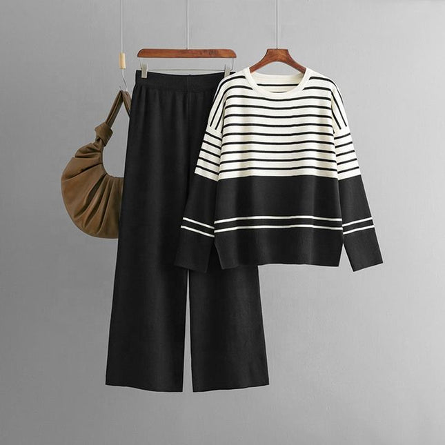 Autumn Winter New Striped Knitted Two-piece Round Neck Sweater Top + Fashion Trousers 2-piece Set