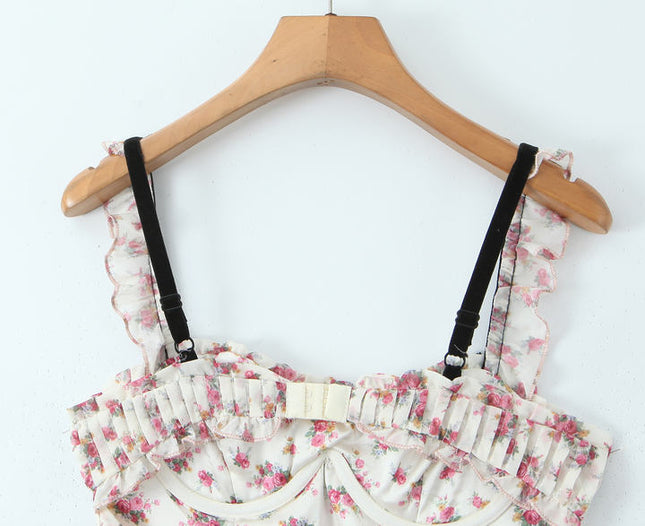 Floral Print pink White Color Front Bow Tie Casual Fashion Mini slip Dress for Ladies