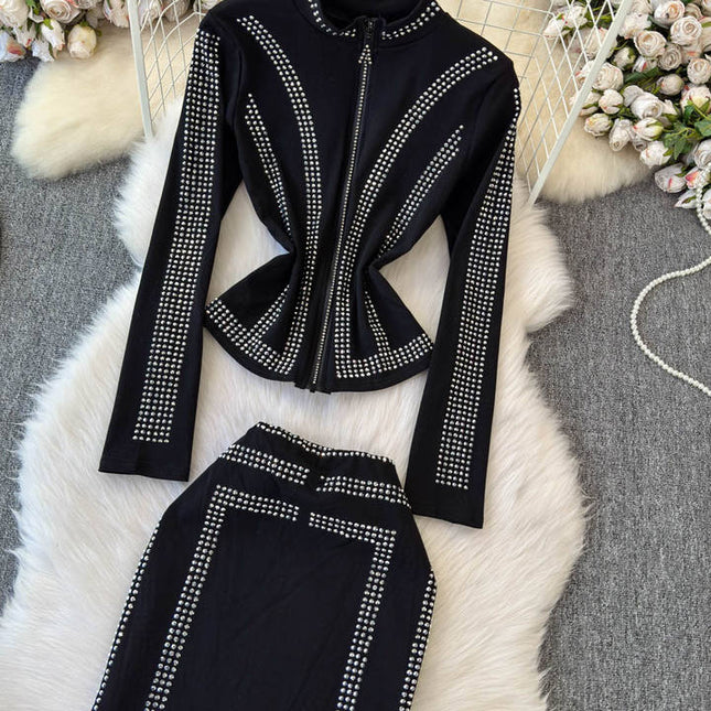 Spring and Autumn New Hot Diamond Cardigan Zipper Top+Hot Diamond A-line Skirt Internet Red Two Piece Set for Women