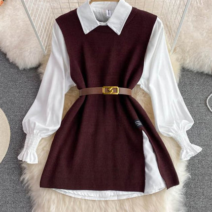 Spring Fall New Shirt Tops Female Design Sense Slit Knit Undershirt Blouse Two Piece