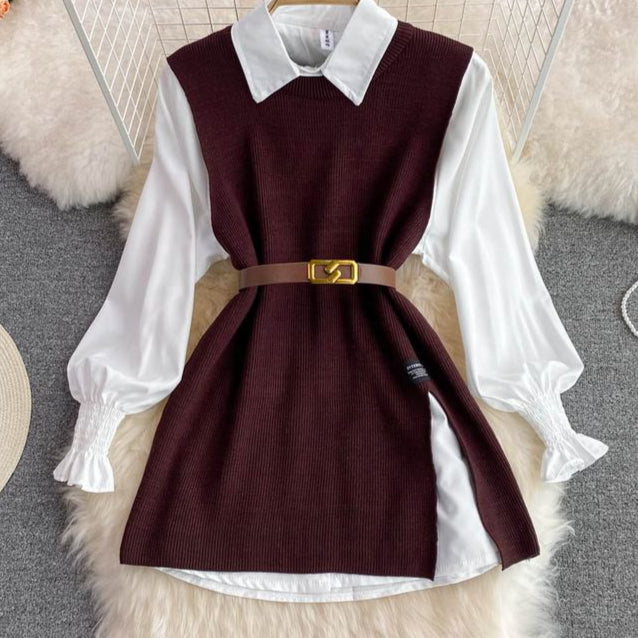 Spring Fall New Shirt Tops Female Design Sense Slit Knit Undershirt Blouse Two Piece