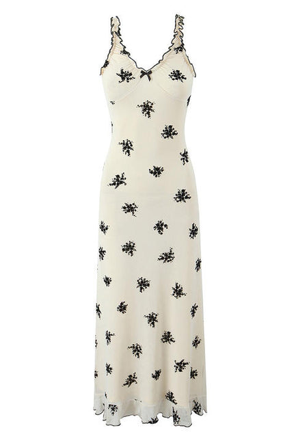 Shoulder Strap Floral Print Beige Color Casual Fashion Midi slip Dress for Women