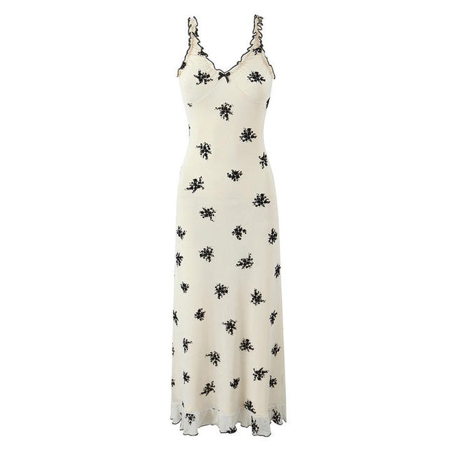 Shoulder Strap Floral Print Beige Color Casual Fashion Midi slip Dress for Women