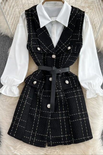Women'S Long Single-Breasted Tweed Vest Jacket Loose White Shirt Two Piece Set