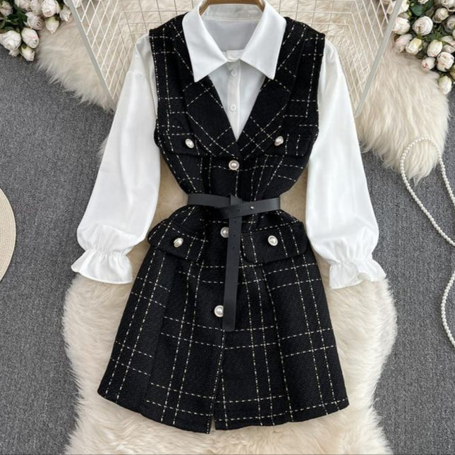 Women'S Long Single-Breasted Tweed Vest Jacket Loose White Shirt Two Piece Set