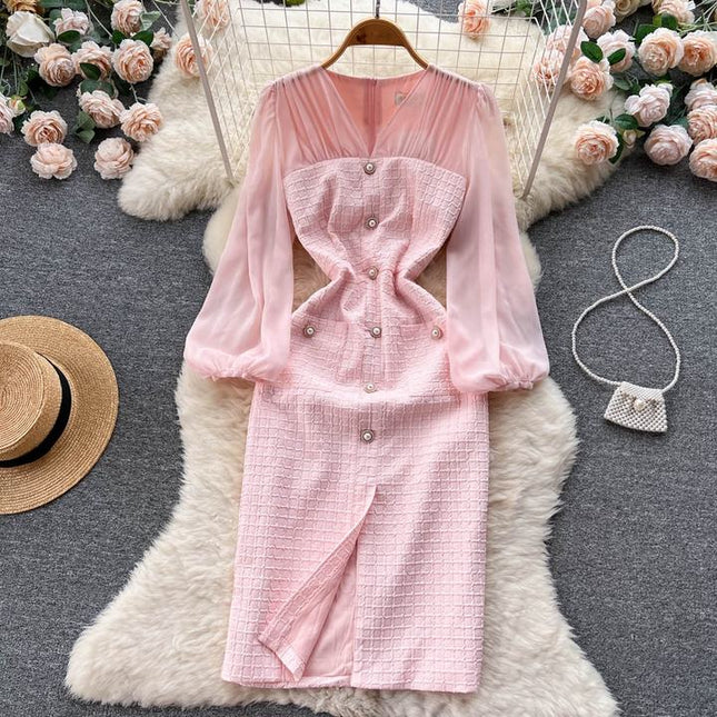 Mulher Mesh Splicing Split V-Neck Lanterna Manga Cintura Vestido