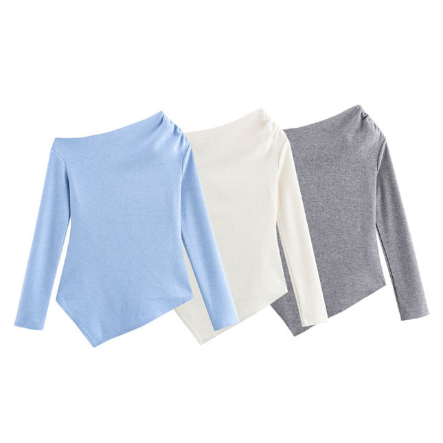 3 Colorway Solid Color Long Sleeve Asymmetrical Design Casual Fashion Tops Blouse Shirts for Women