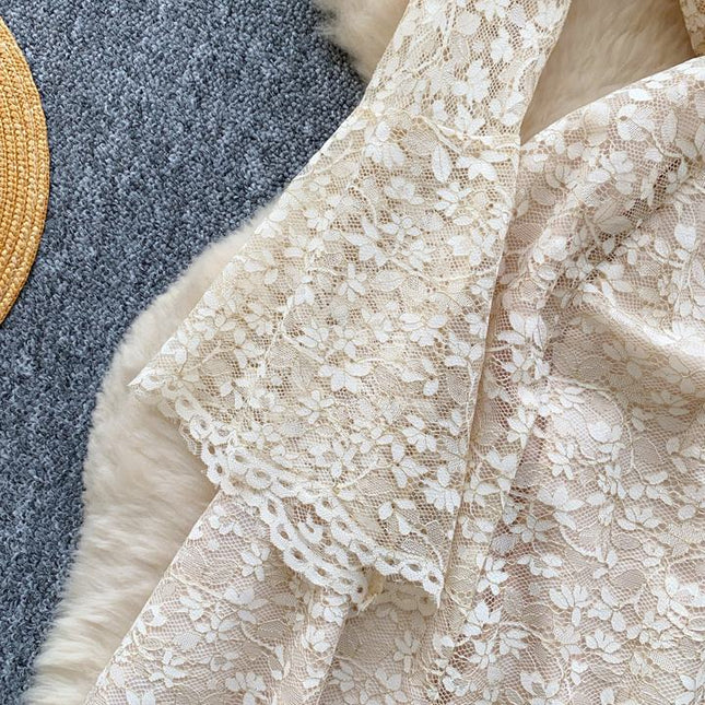 2025 Spring Advanced Sense Heavy Industry Nail Drill Three-dimensional Flower square Collar Trumpet Sleeve Hollow-out Lace Dress