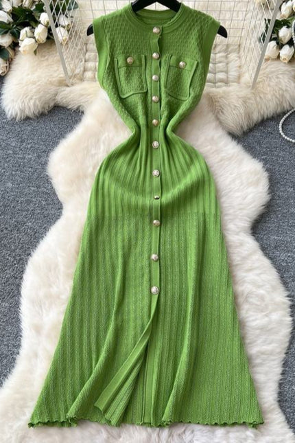 Round Neck Sleeveless Metal Buckle Slim Fit and Slimming Knitted Dress for Women Summer New Style