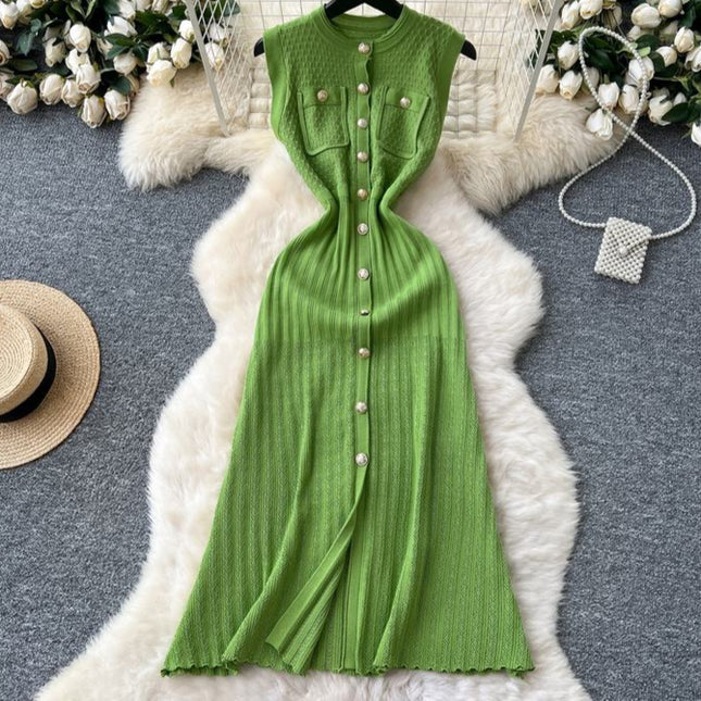 Round Neck Sleeveless Metal Buckle Slim Fit and Slimming Knitted Dress for Women Summer New Style