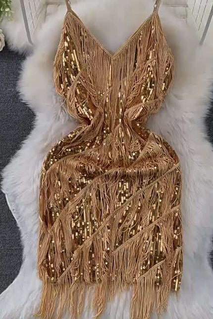 Women Sequined Tassel V-neck Mini Party Dresses Solid Color Luxury French Clubwear Straps Dress