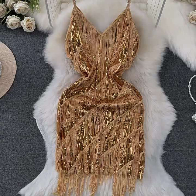 Women Sequined Tassel V-neck Mini Party Dresses Solid Color Luxury French Clubwear Straps Dress