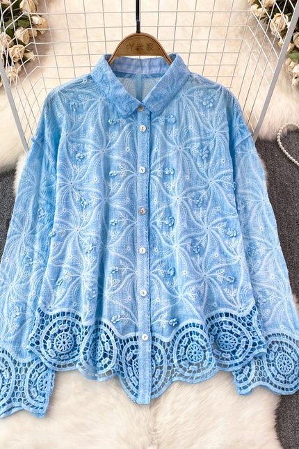 Spring and Autumn Fashion Long Sleeve Stereoscopic Flower Lace Splicing Shirt Women's Casual Tops