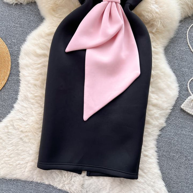 Autumn New French High End Bra Bow Knot Split Design Feel Waist Closing Slim Fit Women's Dress