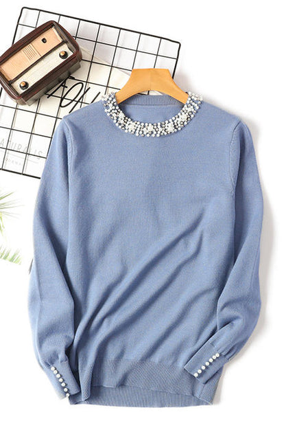 Wholesale New Autumn Winter Beaded Pullover Sweater Women's Round Neck Long-sleeved Sweater Loose Thin Sweater