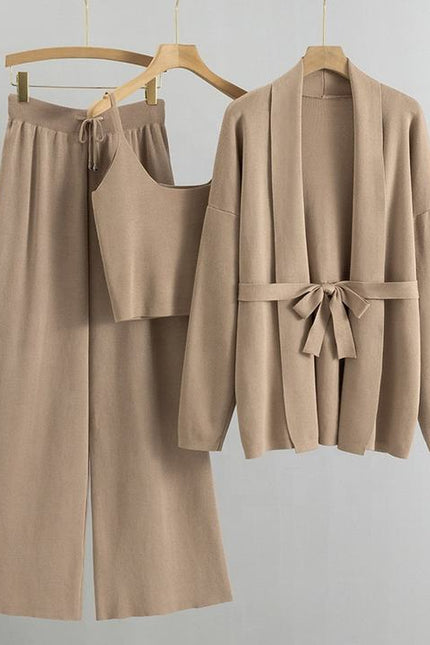 Loose Casual Fashion Suit Women'S Fall and Winter Knitted Cardigan Jacket Suspenders Wide Leg Pants Three-Piece Set