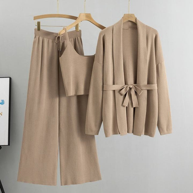 Loose Casual Fashion Suit Women'S Fall and Winter Knitted Cardigan Jacket Suspenders Wide Leg Pants Three-Piece Set