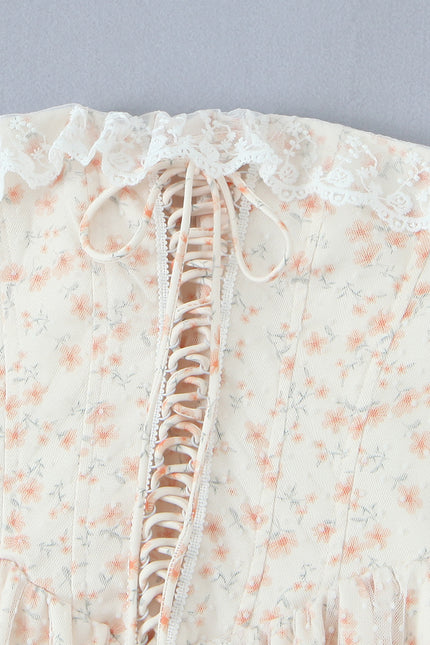 Strapless Floral Print Front Lace up Hot Sale Casual Fashion Summer Mini Dress for Women