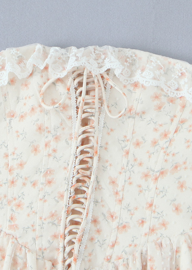 Strapless Floral Print Front Lace up Hot Sale Casual Fashion Summer Mini Dress for Women