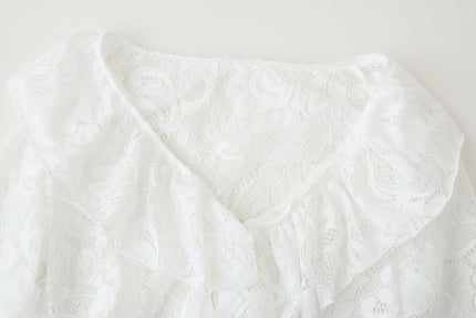 V Neck White Color Floral Lace Front Ruffle Long Sleeve Casual Fashion Tops Blouse for Women