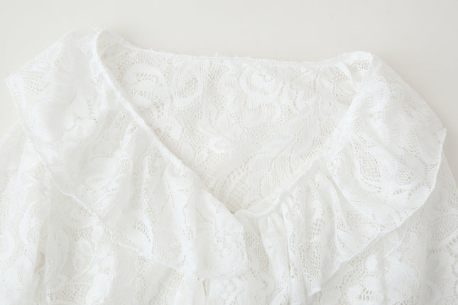 V Neck White Color Floral Lace Front Ruffle Long Sleeve Casual Fashion Tops Blouse for Women