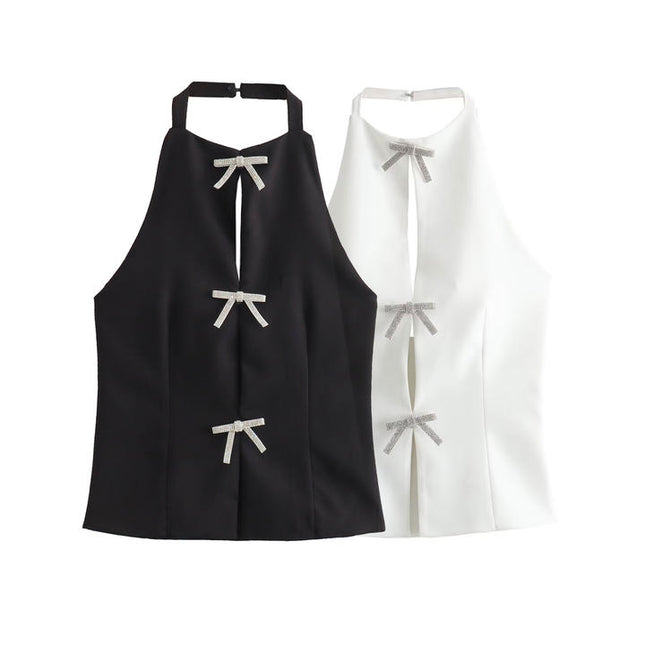 2 Colorway Solid Color Bow Tie With Beading Back Hollow Out Casual Fashion Women's tank Top