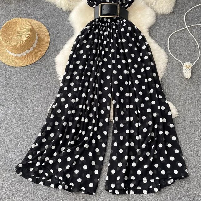 Fashion V-Neck Chiffon Stripes Summer New Sleeveless Wide Leg Long Pants Jumpsuit
