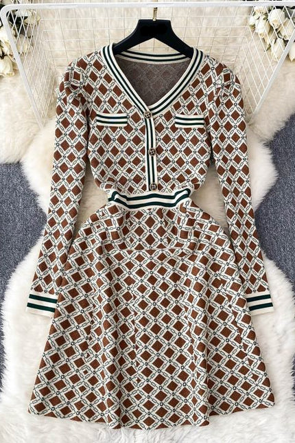 New Autumn and Winter Fashion Long Sleeve Plaid Knitted Casual Dress