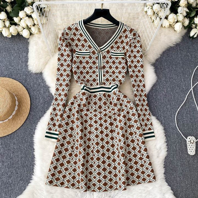 New Autumn and Winter Fashion Long Sleeve Plaid Knitted Casual Dress