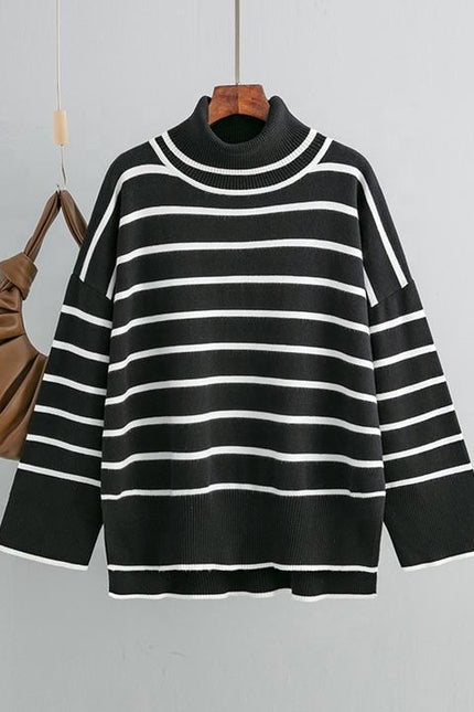 Spring Autumn Vintage Versatile High Neck Striped Loose Sweater Women's Sweater Top