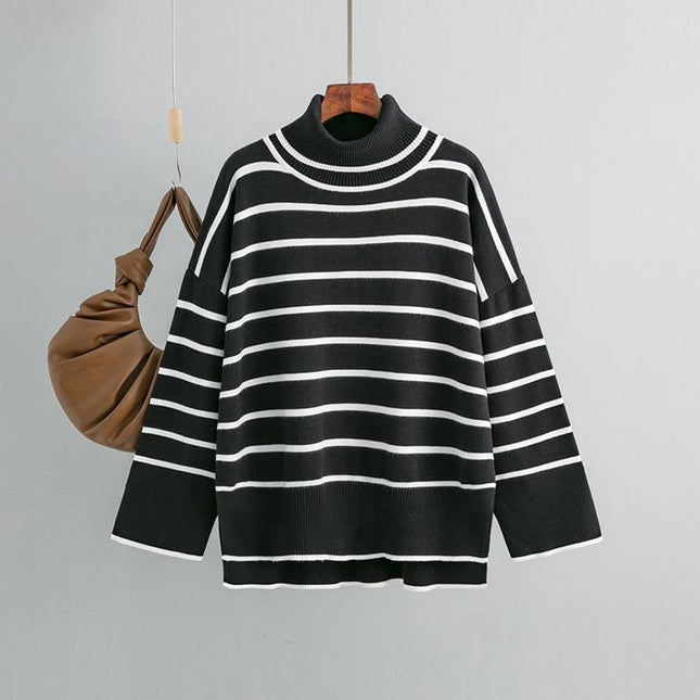 Spring Autumn Vintage Versatile High Neck Striped Loose Sweater Women's Sweater Top