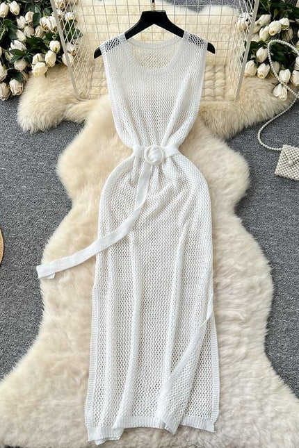 Outer Layered Skeleton See-through Mesh Knit Dress Women Summer Round Neck Sleeveless Vest Dresses