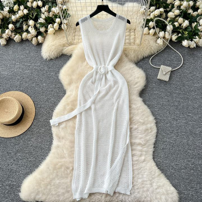 Outer Layered Skeleton See-through Mesh Knit Dress Women Summer Round Neck Sleeveless Vest Dresses