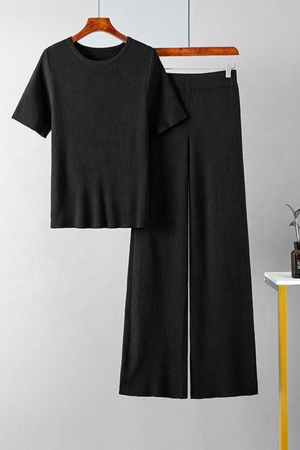 Summer New Spot High Elastic Solid Color Round Neck Knitted Short Sleeve Fashion Suit High Waist Two-piece Set