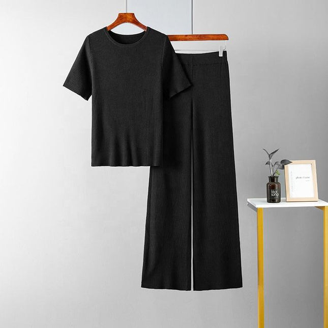 Summer New Spot High Elastic Solid Color Round Neck Knitted Short Sleeve Fashion Suit High Waist Two-piece Set