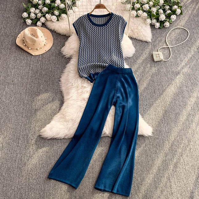 Two-piece Set Vintage Wavy Patterned Knitted Sleeveless Top and Stylish High-waisted Wide-leg Long Trousers